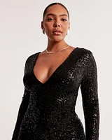 Long-Sleeve Sequin Plunge Midi Dress