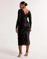 Long-Sleeve Sequin Plunge Midi Dress