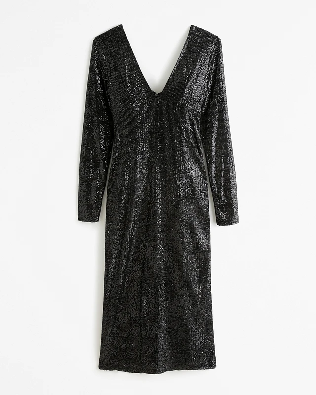 knee length dresses for ladies Black Sequin Plunge Sheer Sleeve Mini Dress main image 1