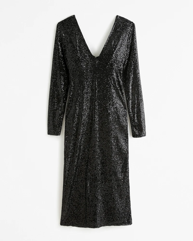 Long-Sleeve Sequin Plunge Midi Dress