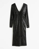 Long-Sleeve Sequin Plunge Midi Dress