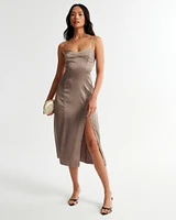 Satin High-Slit Midi Dress