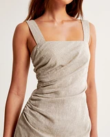 Linen-Blend Ruched Squareneck Mini Dress