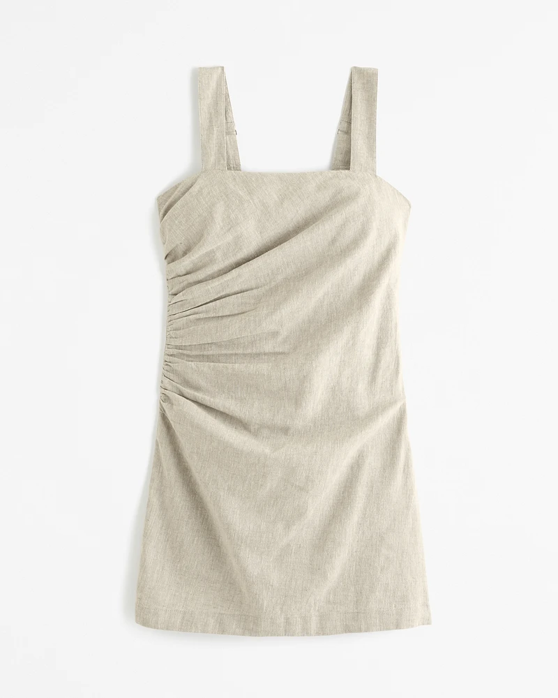 Linen-Blend Ruched Squareneck Mini Dress