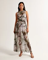 Mesh High-Neck Drop-Waist Maxi Dress