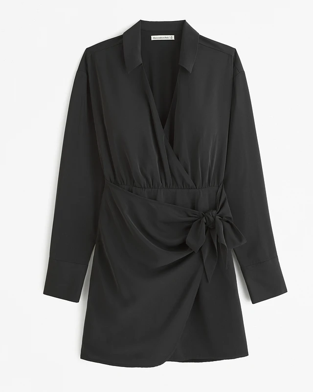 shirt dress abercrombie Black Twist-Front Button-Up curved hem and side Women's Button-Through Midi Shirt Dress