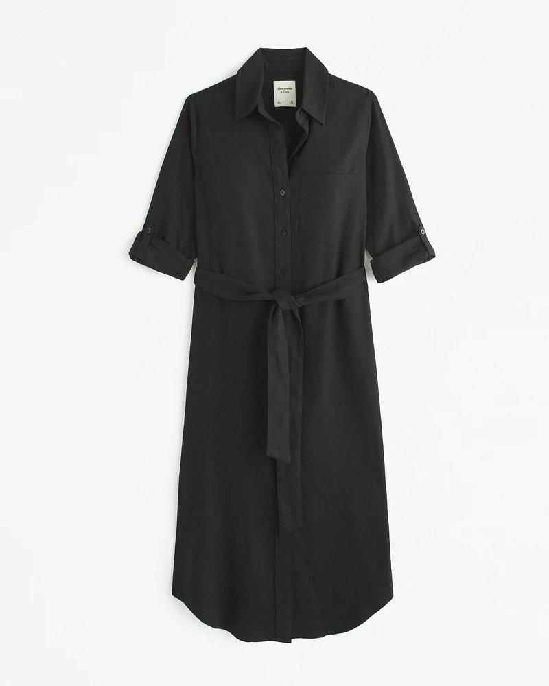 Linen-Blend Midi Shirt Dress