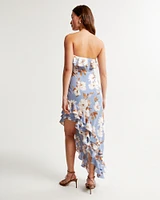 Strapless Asymmetrical Ruffle High-Low Maxi Dress