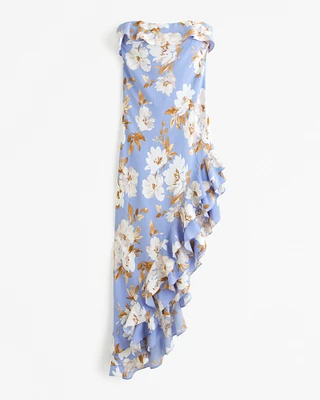 Strapless Asymmetrical Ruffle High-Low Maxi Dress