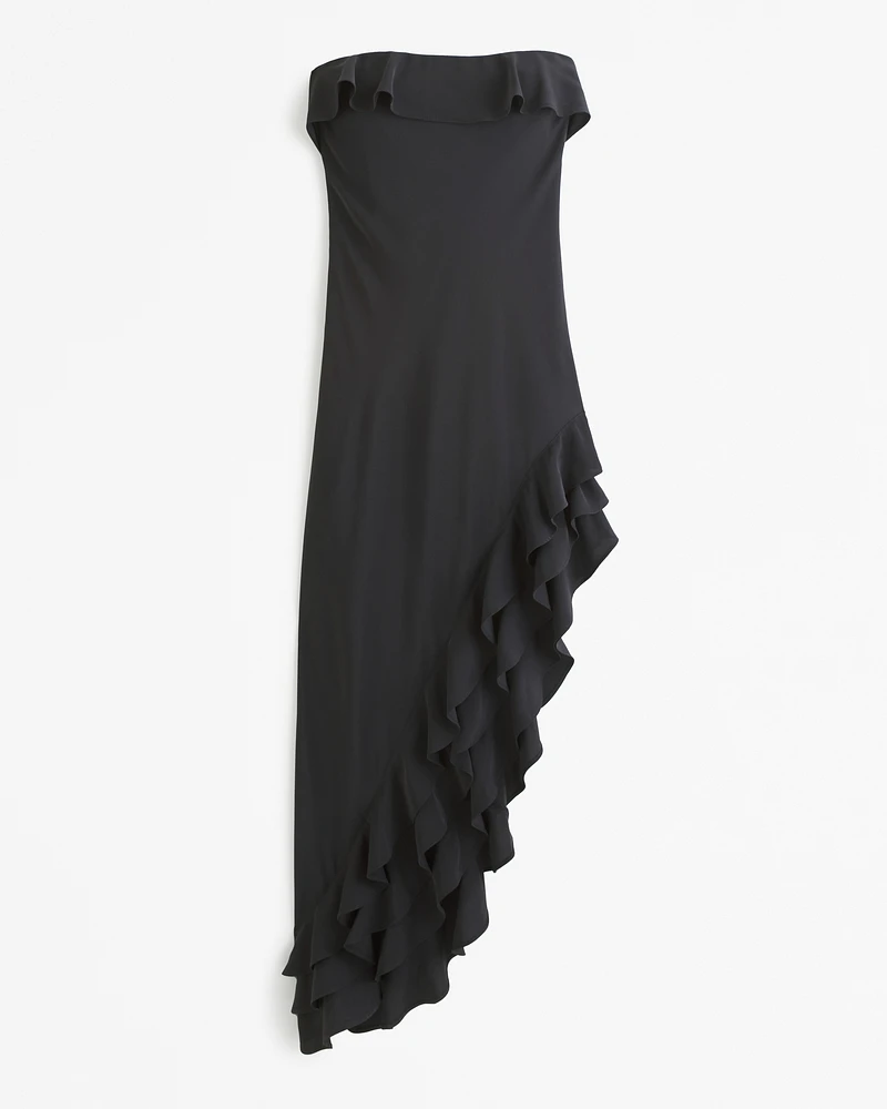 Strapless Asymmetrical Ruffle High-Low Maxi Dress