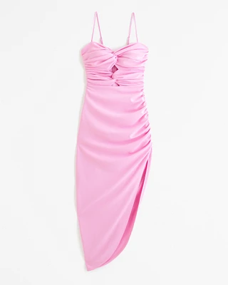 Ruched Front Cutout Asymmetrical Midi Dress