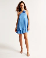 One-Shoulder Rosette Trapeze Mini Dress