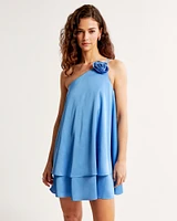 One-Shoulder Rosette Trapeze Mini Dress