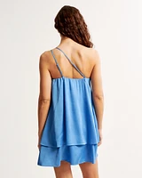 One-Shoulder Rosette Trapeze Mini Dress