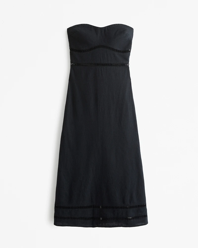 Linen-Blend Strapless Lace-Trim Midi Dress