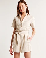 Short-Sleeve Linen-Blend Romper