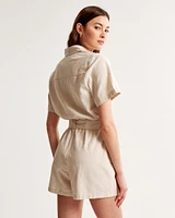 Short-Sleeve Linen-Blend Romper