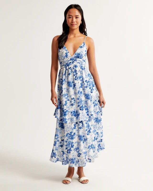 maxi tiered floral dress MissJophiel Women Straps V Neck Floral Chiffon Sage Maxi Tiered Prom Formal Evening Gown Sage / Tea Length / US2