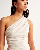 One-Shoulder Linen-Blend Mini Dress