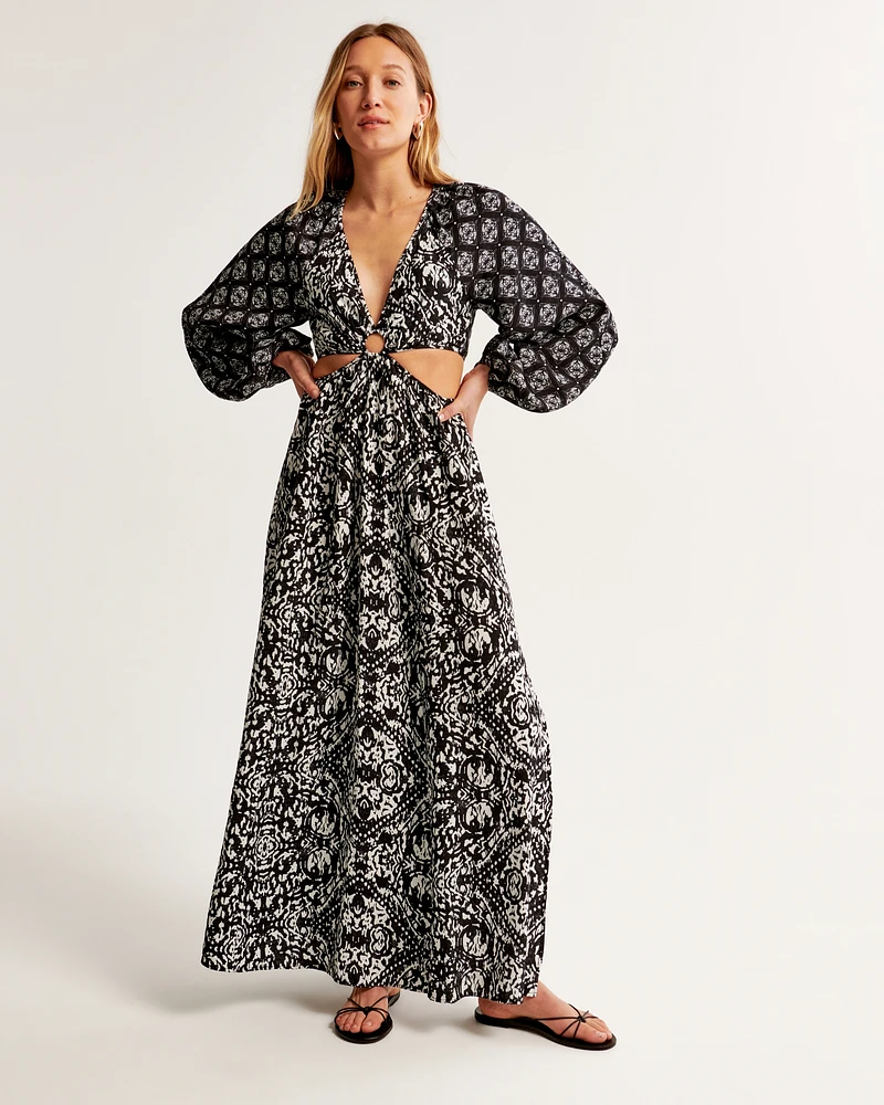 Long-Sleeve Plunge Cutout Maxi Dress