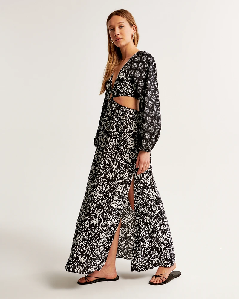 Long-Sleeve Plunge Cutout Maxi Dress