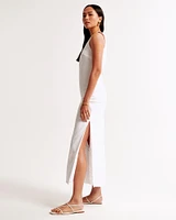 High-Neck Linen-Blend Maxi Dress