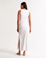 High-Neck Linen-Blend Maxi Dress