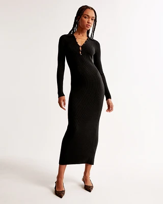 Long-Sleeve Collared Midi Sweater Dress