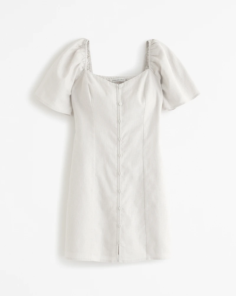 Linen-Blend Button-Through Mini Dress