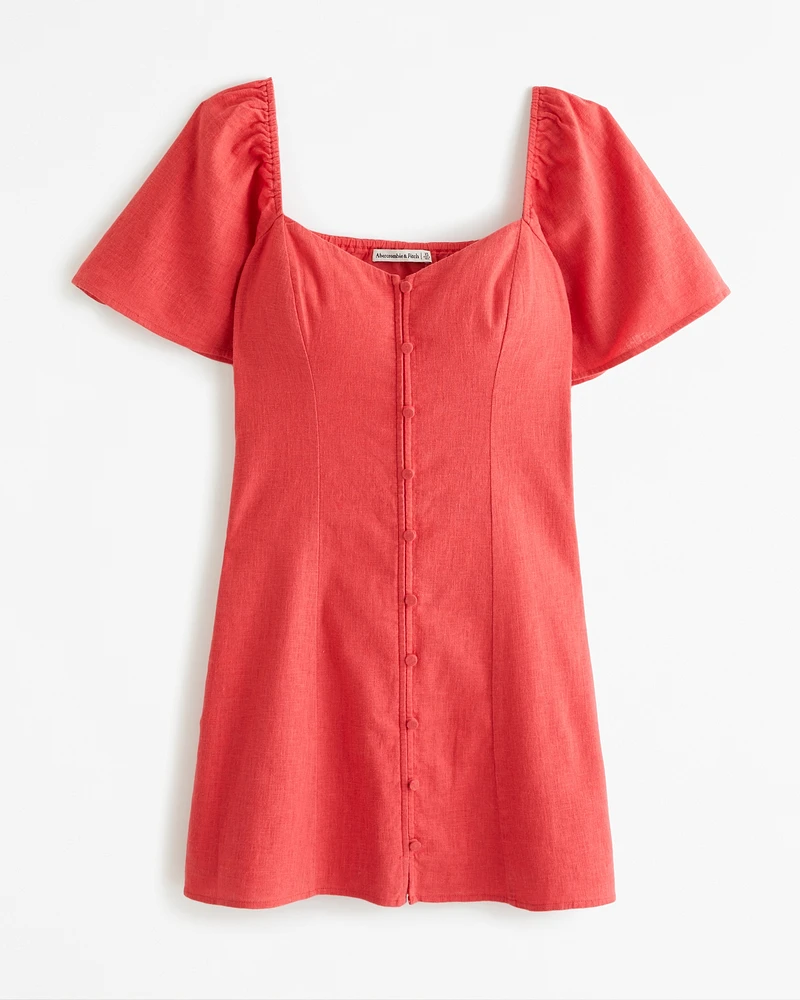 Linen-Blend Button-Through Mini Dress