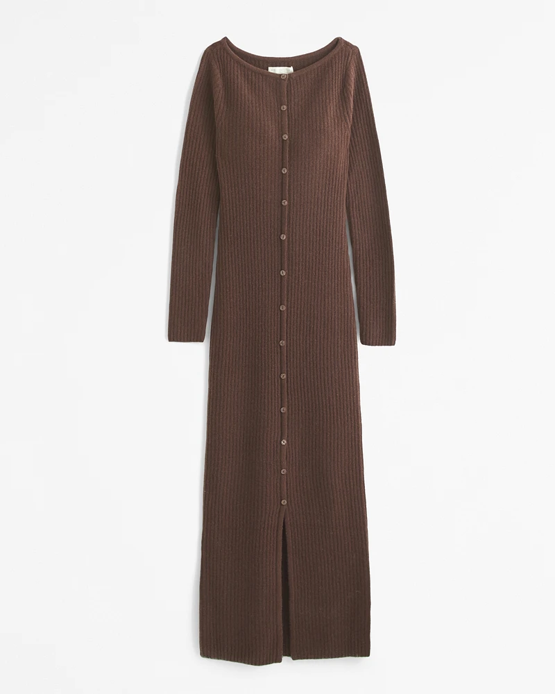 Long-Sleeve Button-Through Maxi Sweater Dress