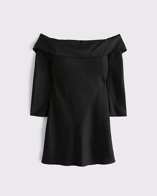 Long-Sleeve Off-The-Shoulder Satin Mini Dress