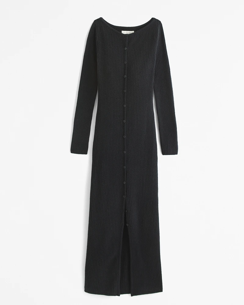 Long-Sleeve Button-Through Maxi Sweater Dress