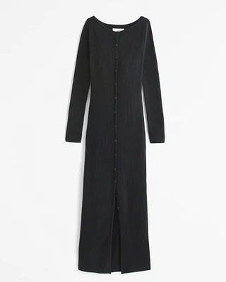 Long-Sleeve Button-Through Maxi Sweater Dress