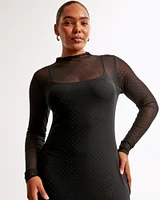 Long-Sleeve Rhinestone Mesh Maxi Dress