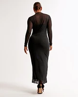 Long-Sleeve Rhinestone Mesh Maxi Dress