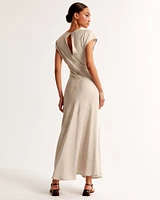 Short-Sleeve Crinkle Satin Maxi Dress