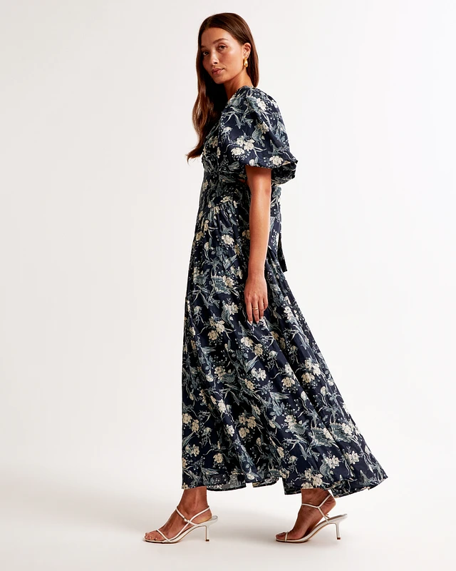 hardware drama puff sleeve maxi dress Abercrombie & Fitch | Dresses | Abercrombie Hardware Drama Puff Sleeve Maxi  Dress Dark Indigo Floral Xs Petite