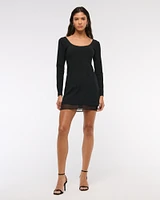 Long-Sleeve Sheer Hem Mini Dress