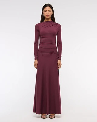 Long-Sleeve Draped Knit Maxi Dress