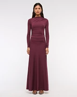 Long-Sleeve Draped Knit Maxi Dress