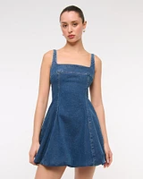Squareneck Bubble Hem Denim Mini Dress