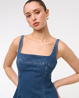 Squareneck Bubble Hem Denim Mini Dress