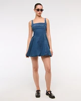Squareneck Bubble Hem Denim Mini Dress