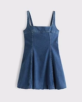 Squareneck Bubble Hem Denim Mini Dress