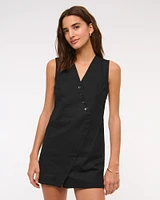 Linen-Blend V-Neck Button Mini Dress