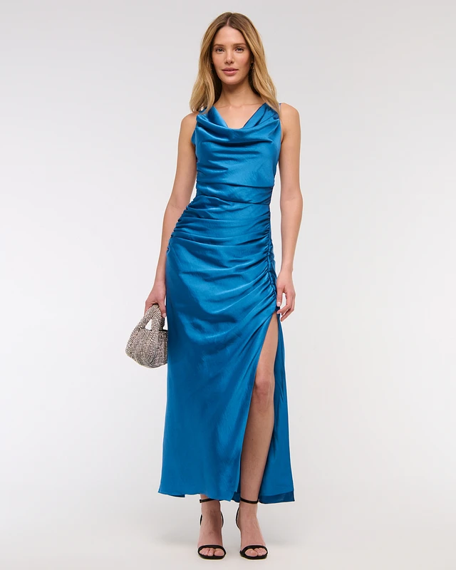 cowl neck draped maxi dress abercrombie Women's Cowl Neck Draped Maxi Dress in Dark Indigo Floral | Size XL TALL