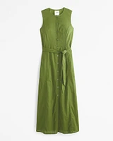 Linen-Blend Belted Midi Dress