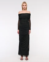 Long-Sleeve Mesh Asymmetrical Draped Maxi Dress