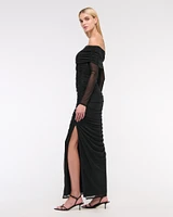 Long-Sleeve Mesh Asymmetrical Draped Maxi Dress